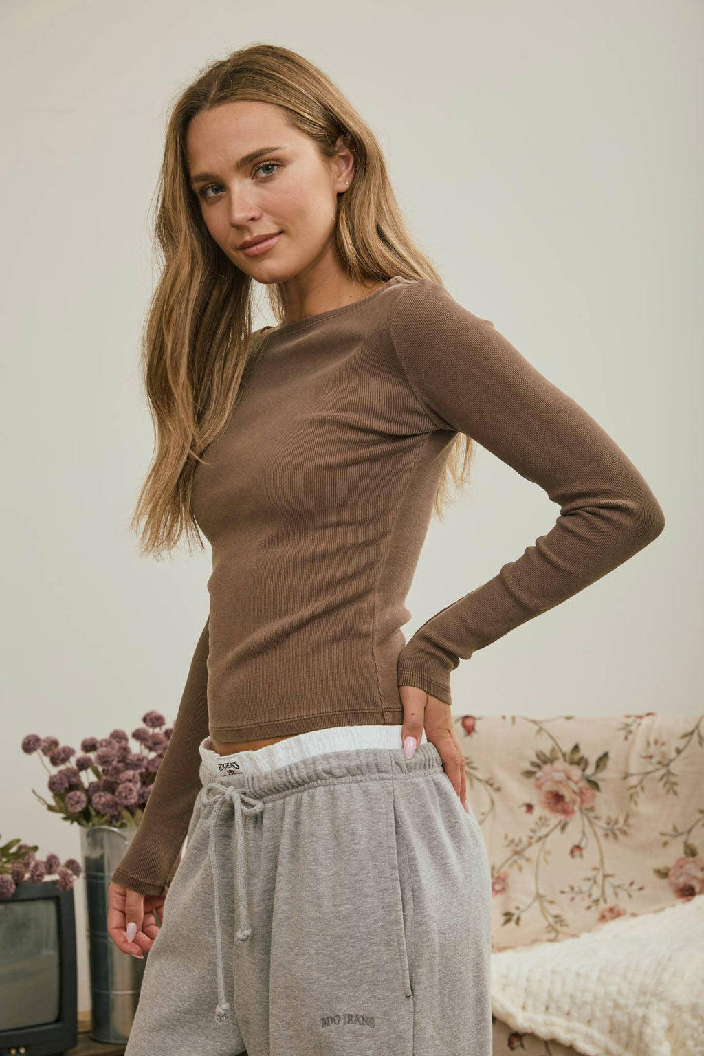 BOAT NECK LONG SLEEVE RIBBED KNIT TOP