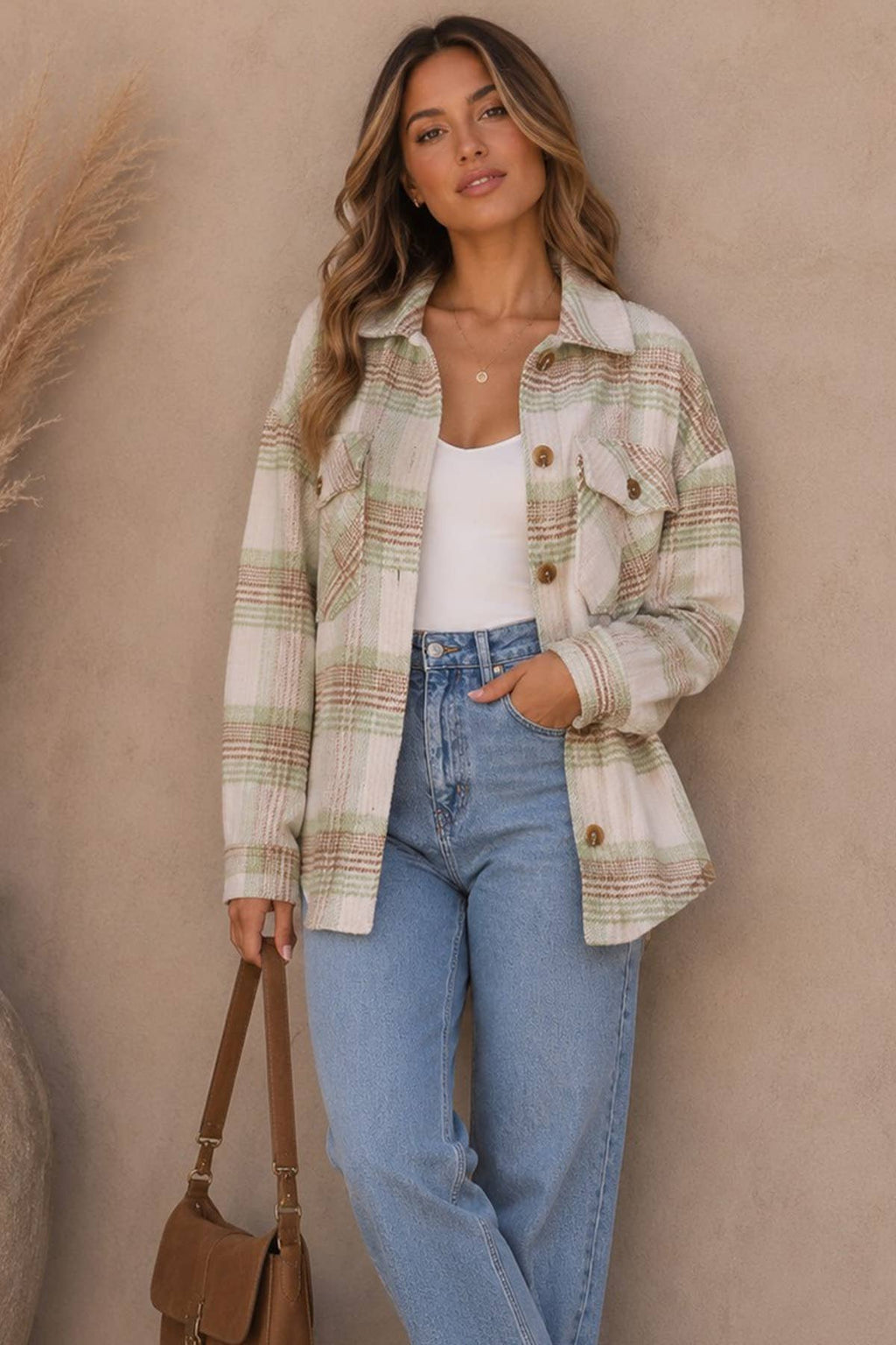 Plaid Shacket: Taupe/Sage