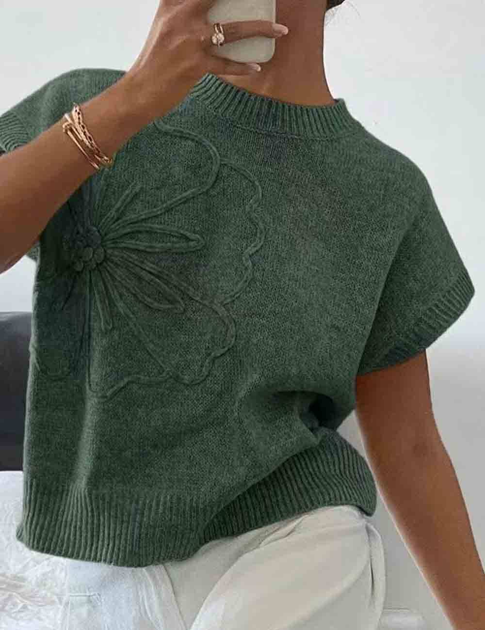 Round Neck Floral Jacquard Ribbed Knit Vest: Olive