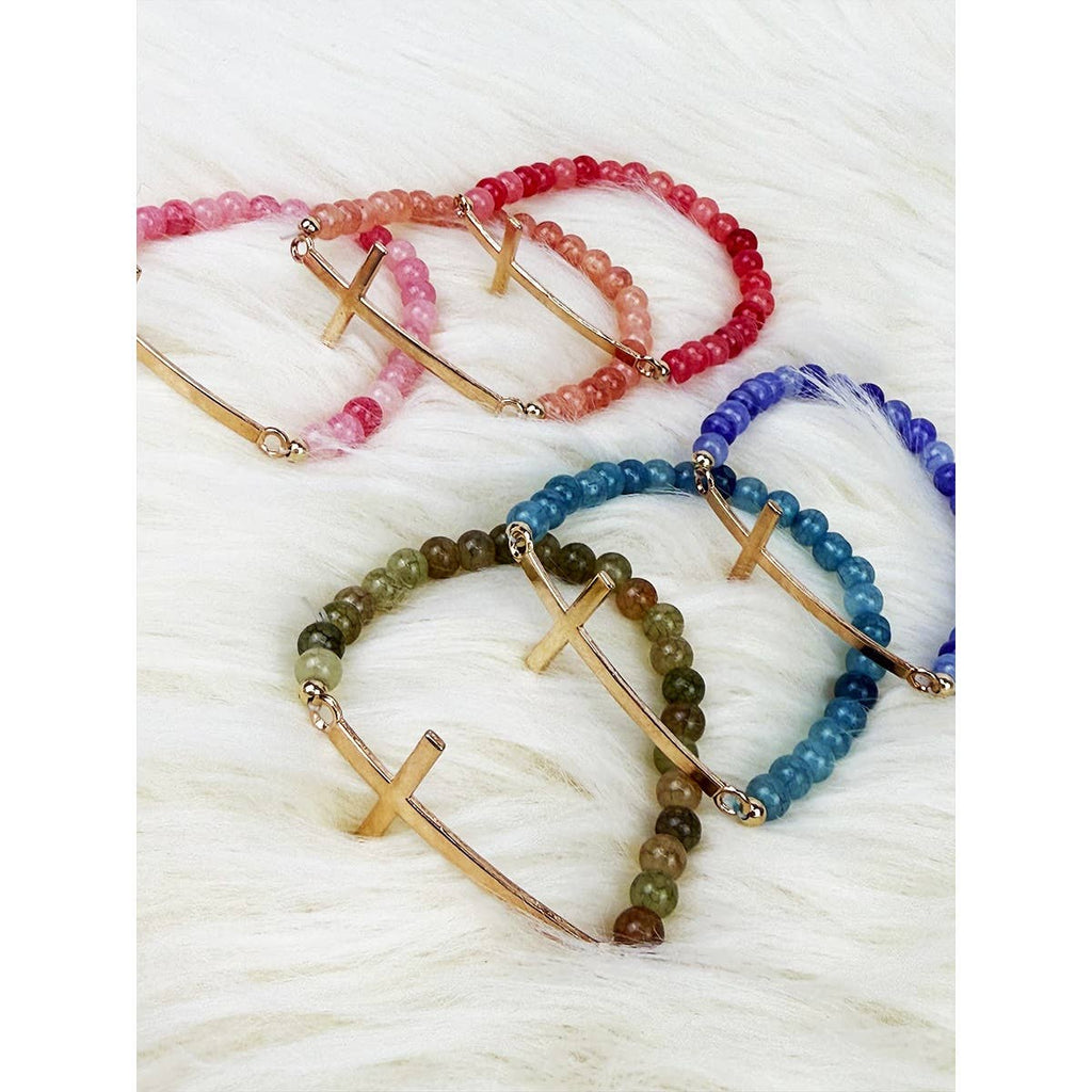 Gold Cross Multi Tone Beaded Stretch Bracelet: MIX COLOR / ONE(12)