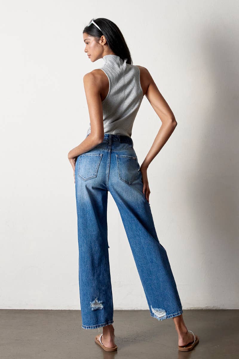 High Rise Destructed Straight Jeans: AGED DARK