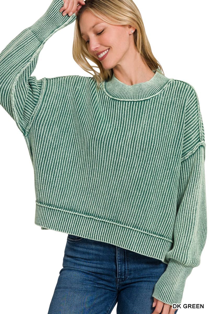 Mineral Washed Sweater : DK GREEN