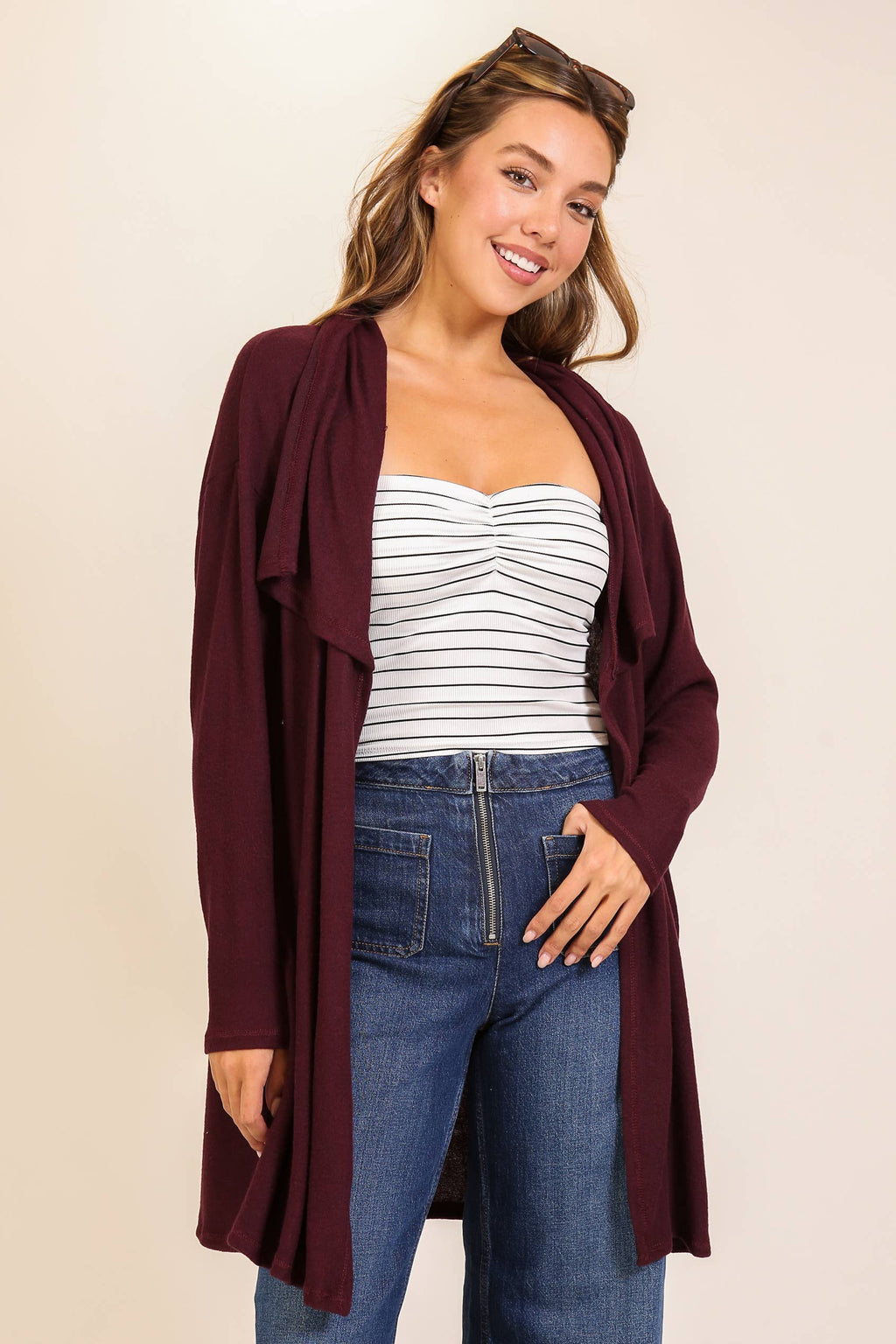 Cozy Open-Front Knit Cardigan: WINE