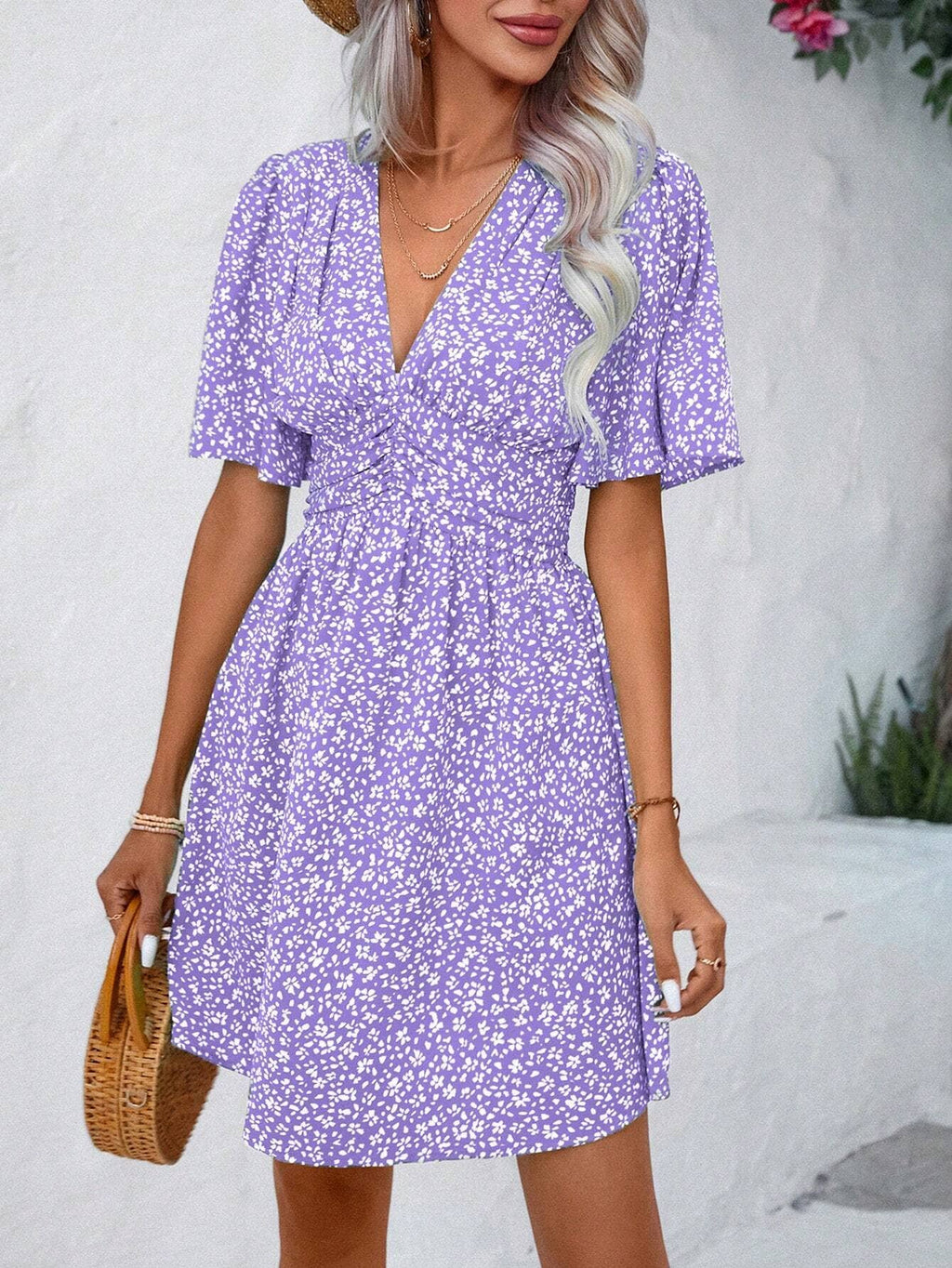 V-neck print high-waisted floral pleat dress