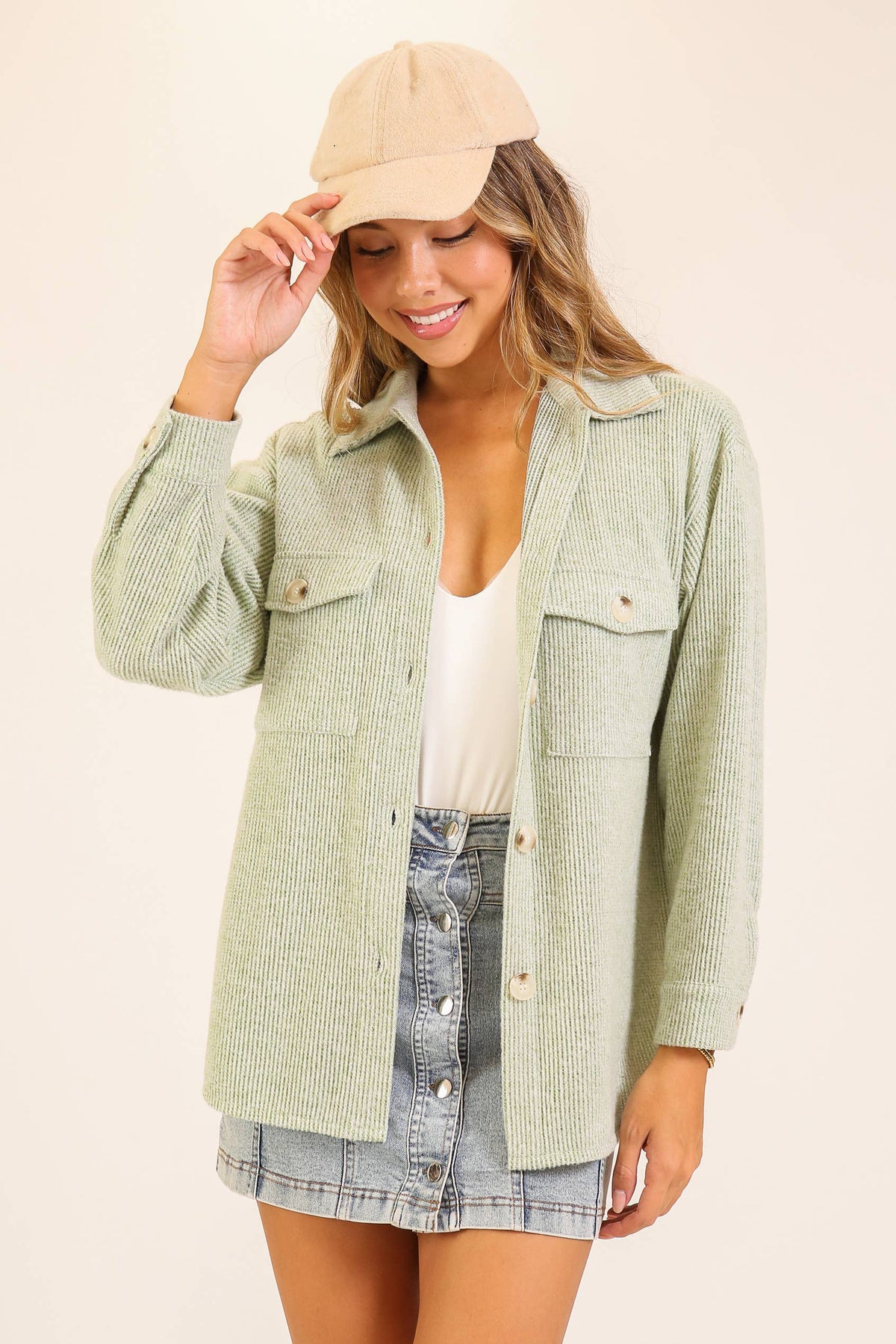 Brushed Waffle Button-Up Shacket: SAGE