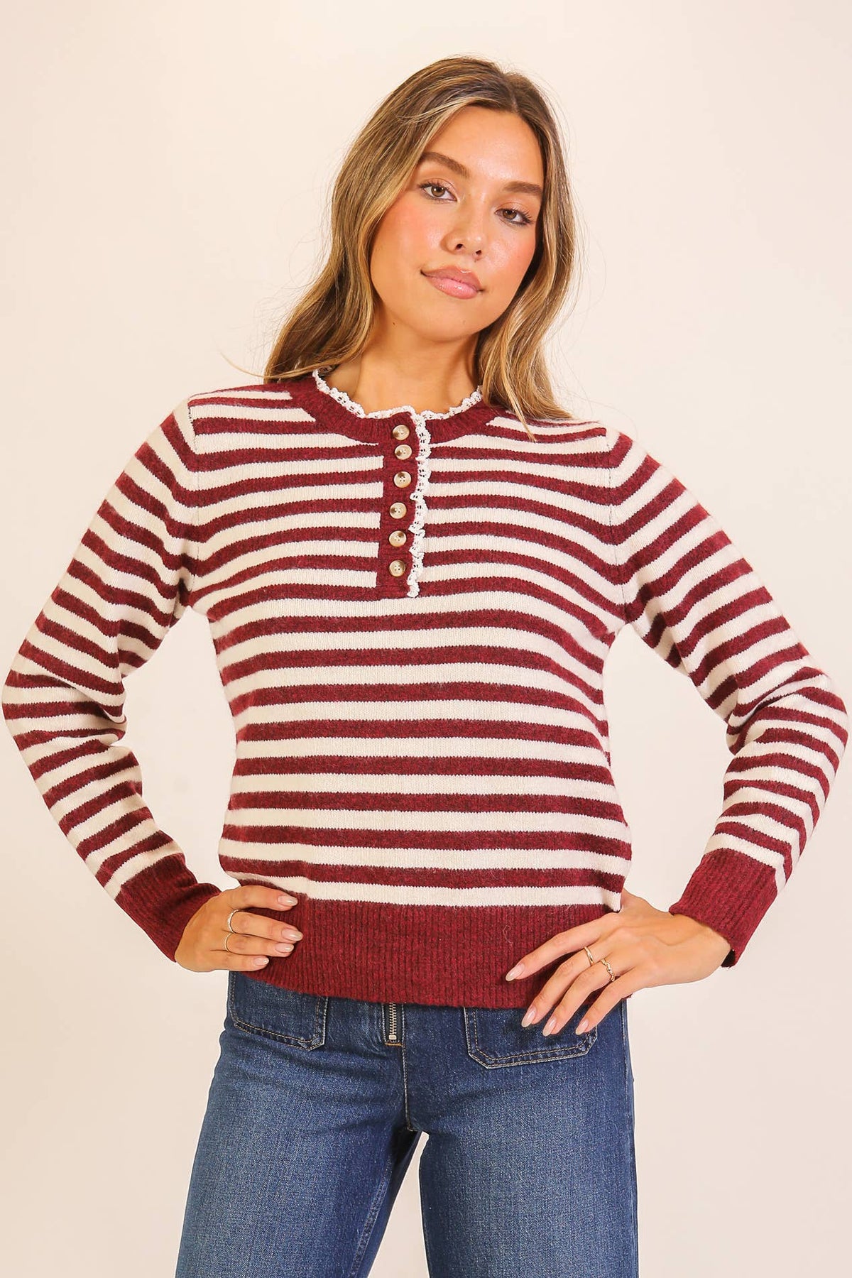 Sweet Stripe Henley Knit Sweater: Burgundy