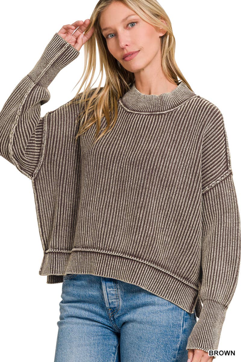 Mineral Washed Oversized Cropped Sweater: MOCHA