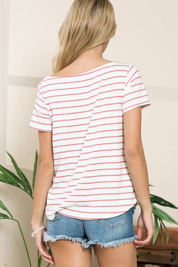 STRIPE BOAT NECK SHORT SLEEVE TOP: CORAL
