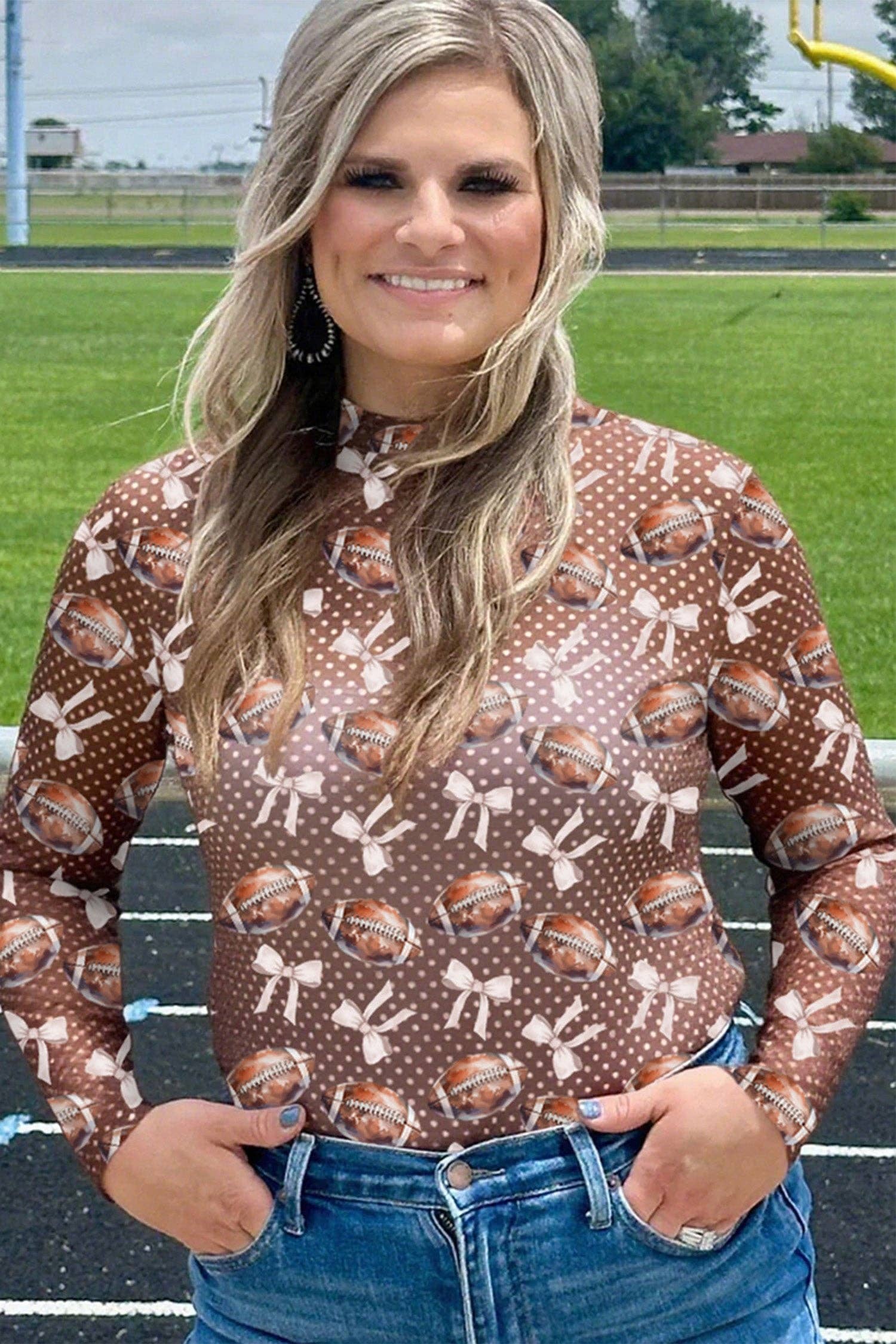 Brown Polka Dot Bow Football Mesh Long Sleeve Top