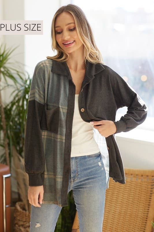 Plaid Colorblock Shacket: TEAL
