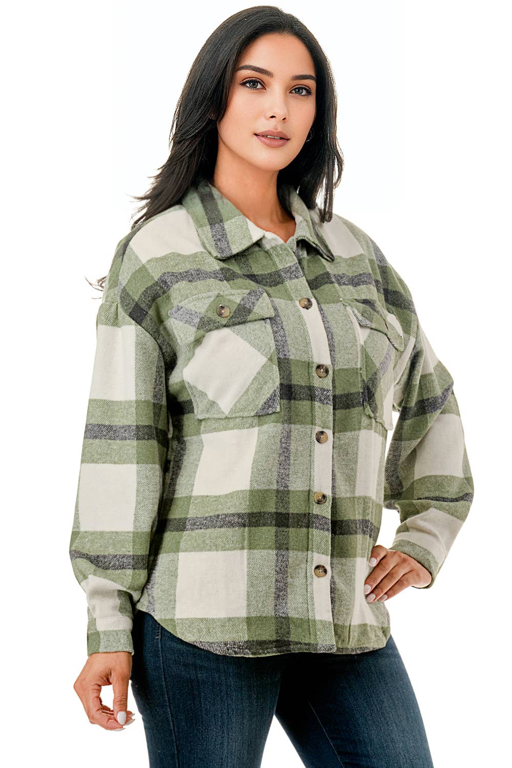 Green tone plaid flannel shacket  w/fur lined warm jacket