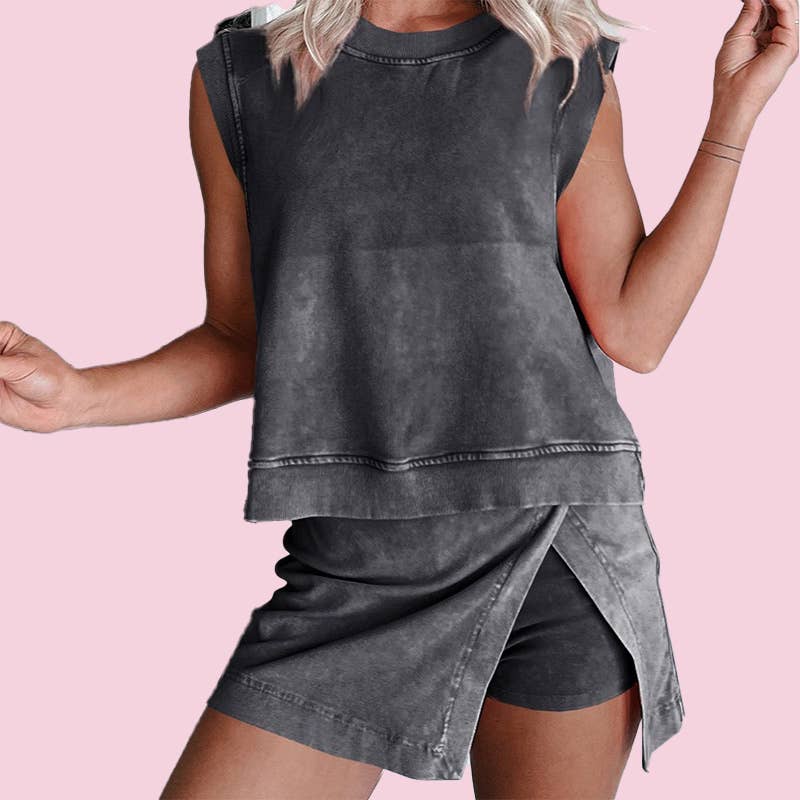 Mineral Wash Cotton Lined Split Athletic Skort: Black
