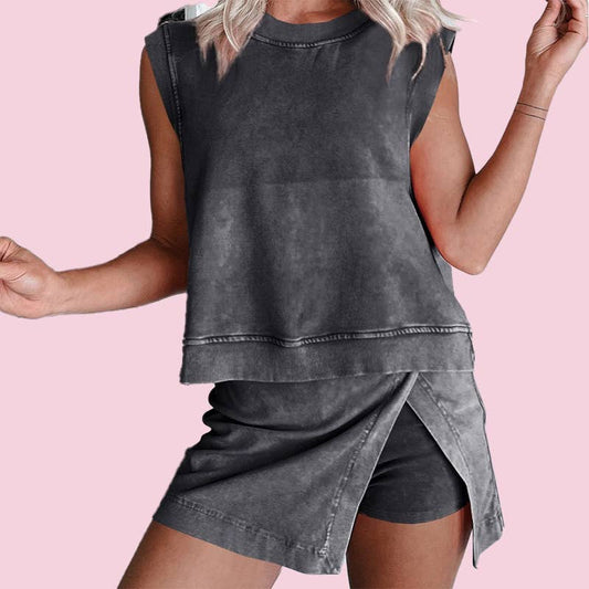 Mineral Wash Cotton Lined Split Athletic Skort: Black