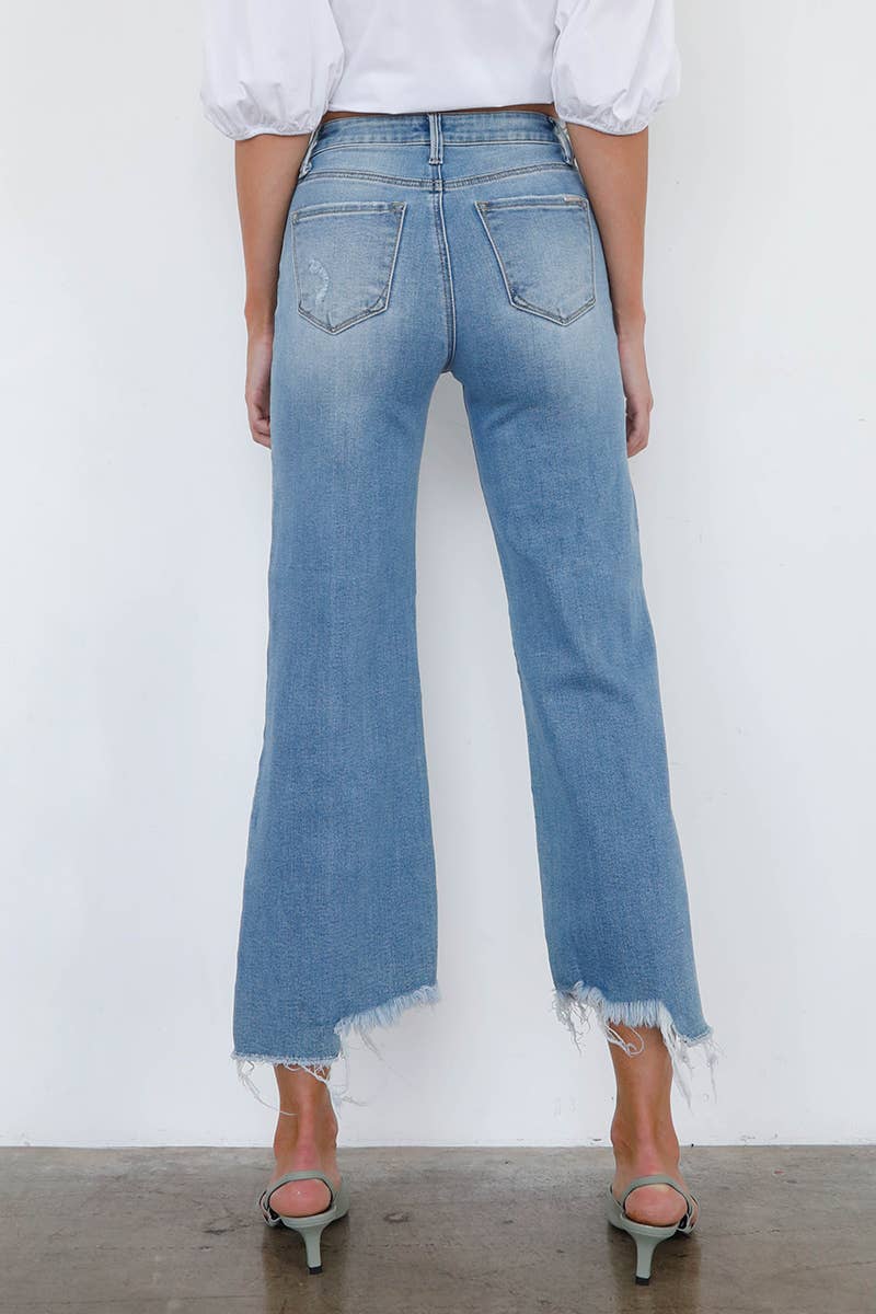 Uneven Raw Hem Crop Flare Jeans: