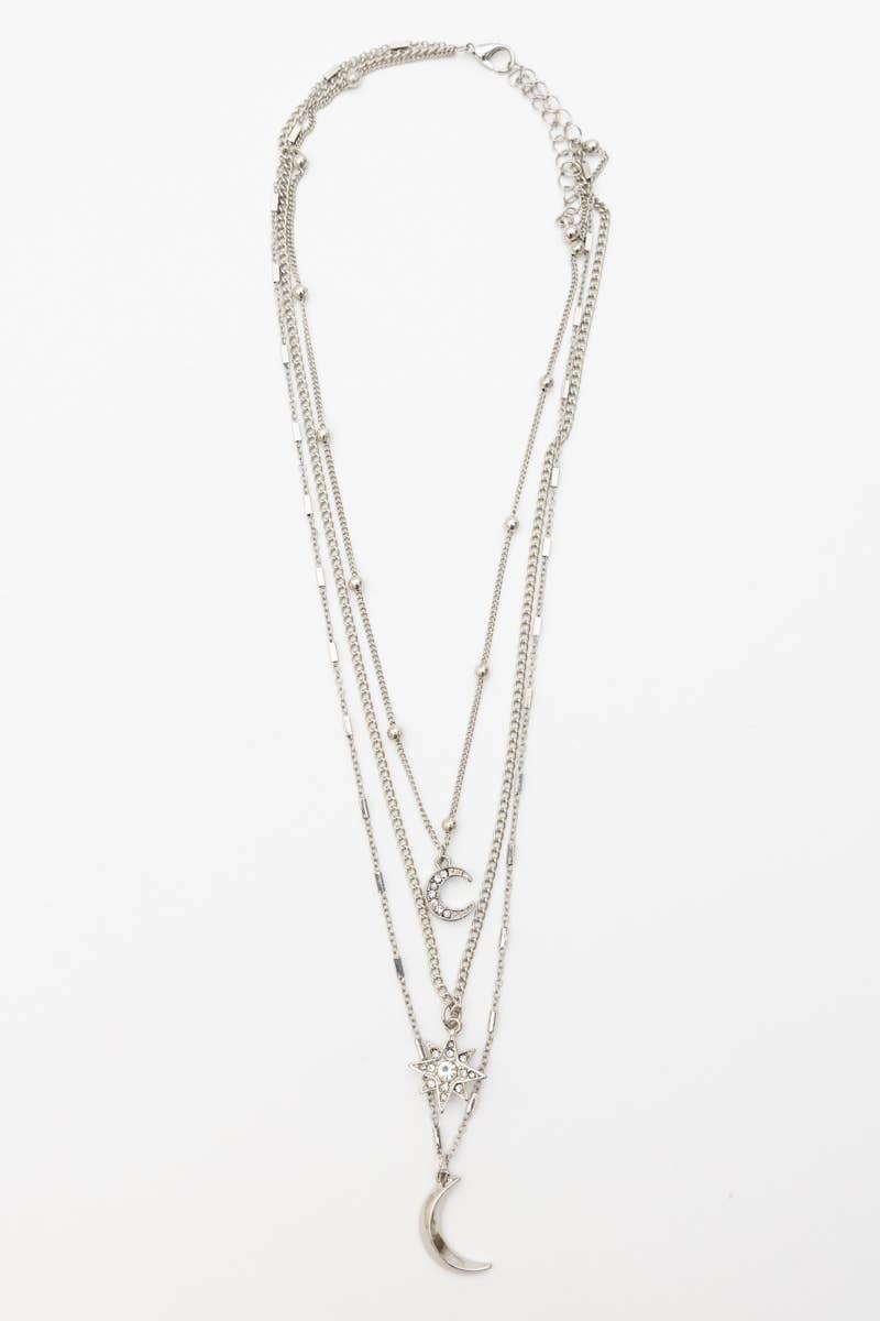 🌙⭐ Celestial Layered Necklace - Moon and Star Charms 🌜✨: Silver
