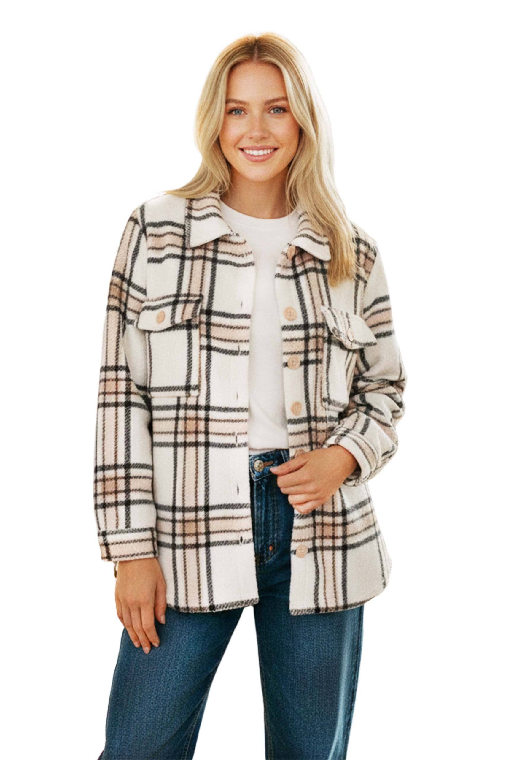 Women's Long Sleeve Button Down Pocket Fleece Plaid Shacket