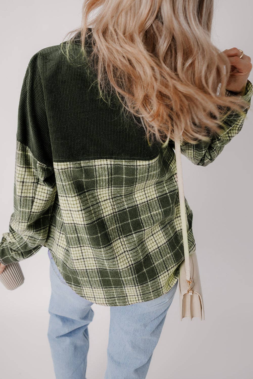 Blackish Green Snap Buttons Colorblock Plaid Shacket: Blackish Green / 100%Polyester / S