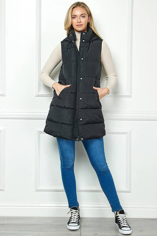 Longline Quilted Puffer Vest with Attached Hood
