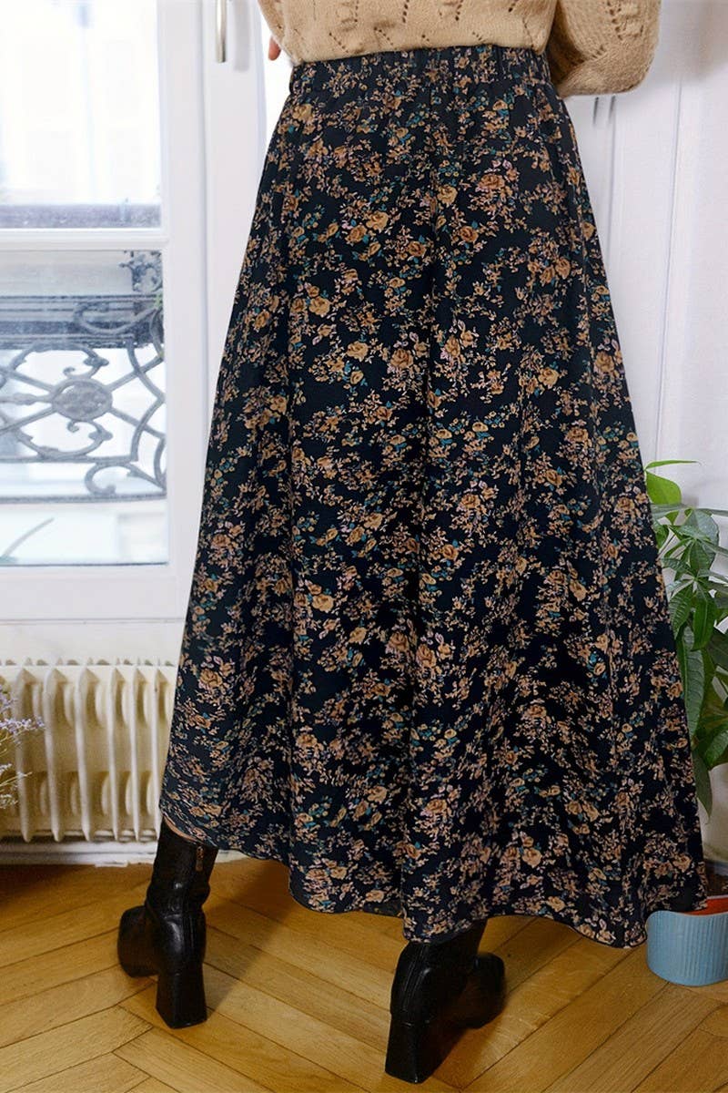 COMMUTER PLEATED FLORAL SKIRT: NAVY