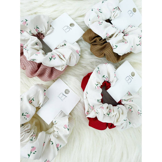 Waffle and Floral Pattern Combo Soft Scrunchies