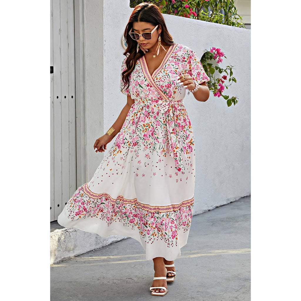 Floral Print Wrap Ruffle Belt Knot Dress: WHITE
