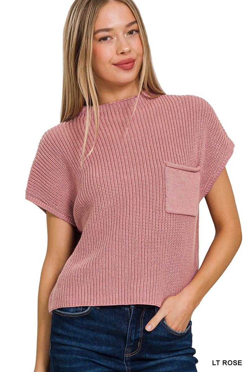 Mock Neck Short Sleeve Sweater: LT ROSE
