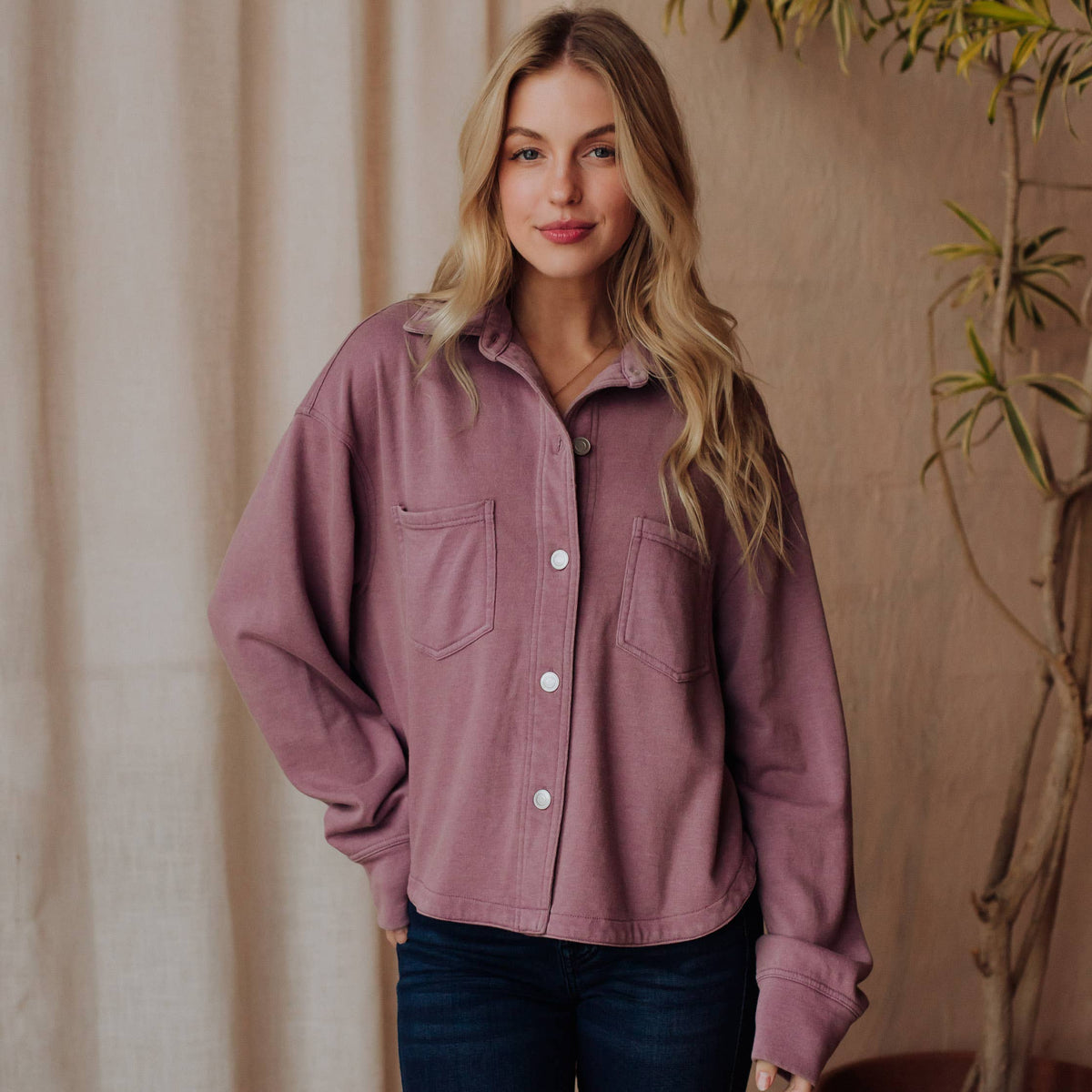 Lavender Cropped Washed Soft Button Up