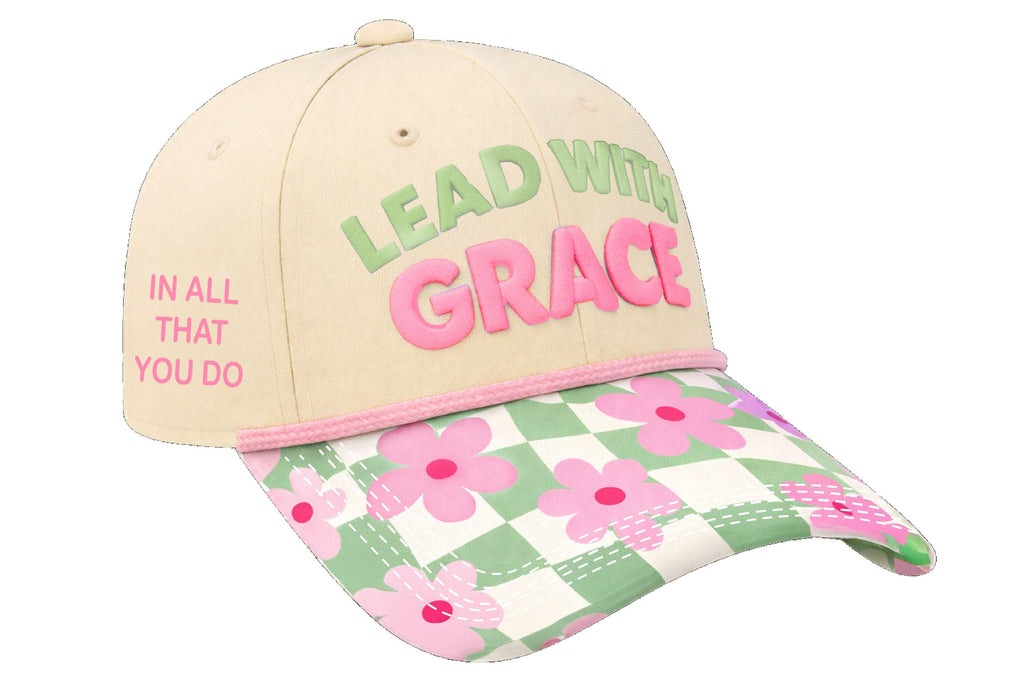 "Lead with Grace" on Tan Cap with Floral Checkered Bill: Tan / One Size