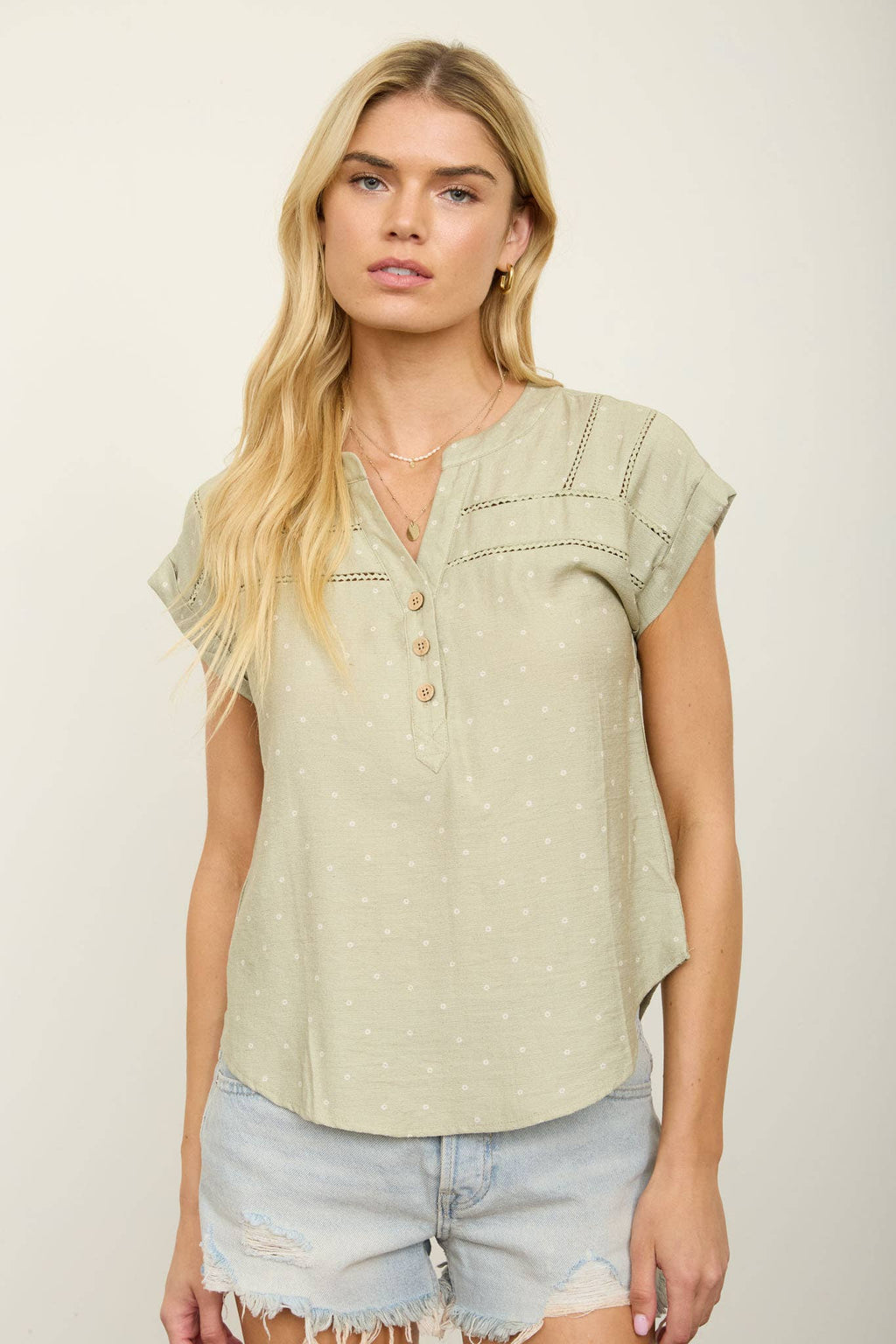 POLKA DOT LACE TRIM HALF BUTTON TOP : LIGHT OLIVE