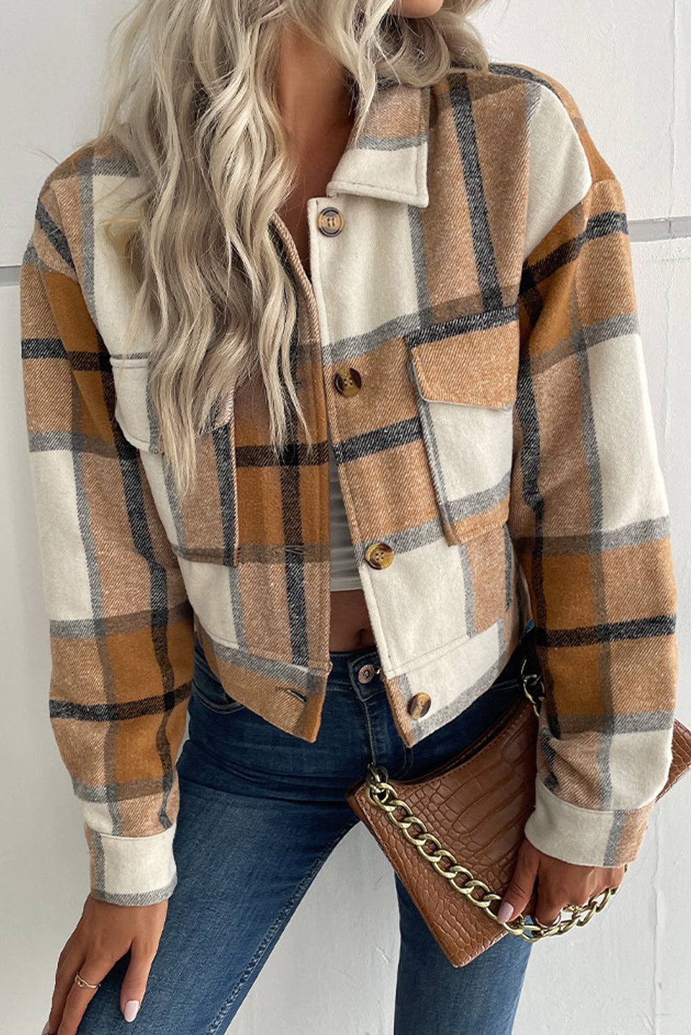Buttoned Plaid Jacket With Pocket: Khaki