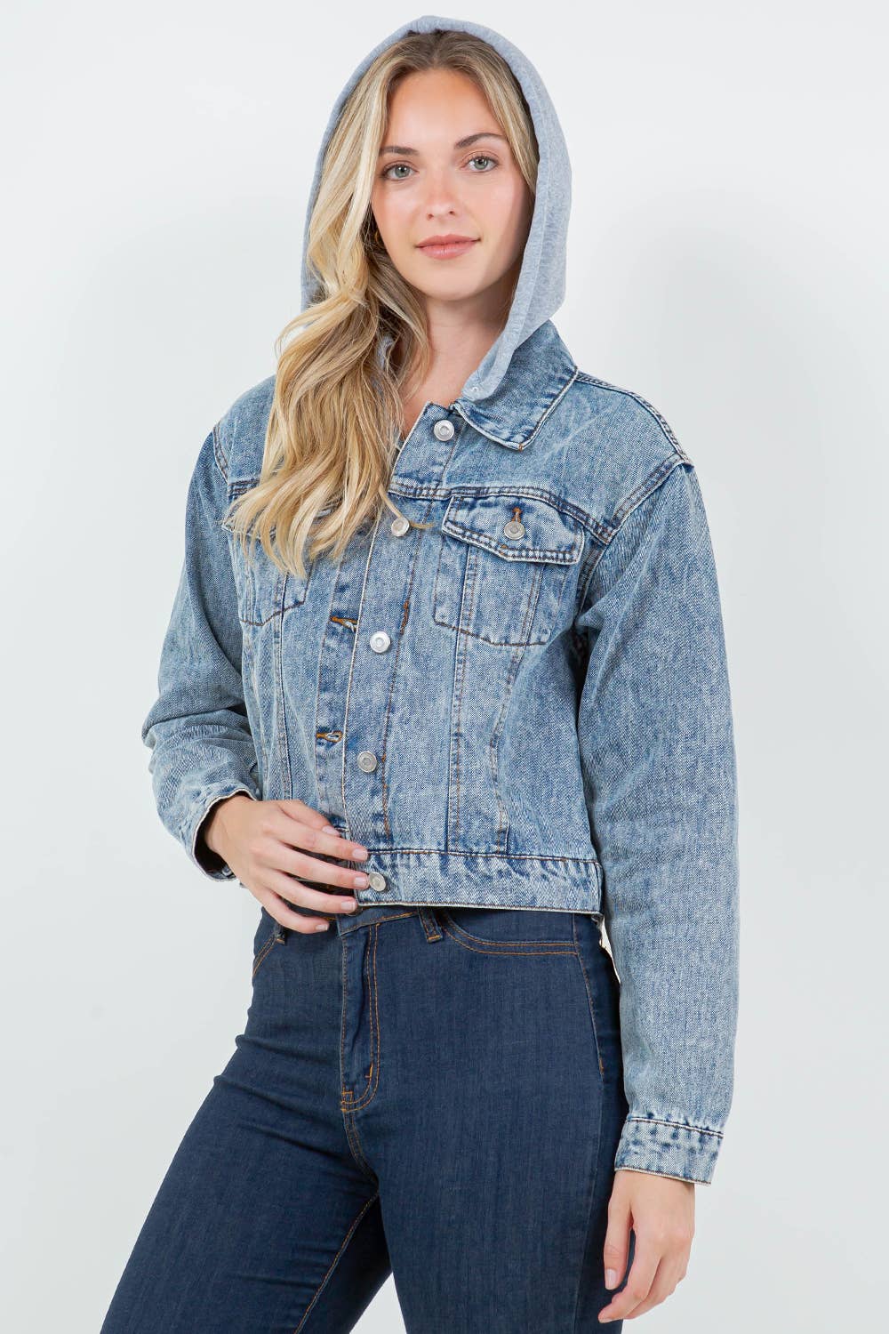 Classic Denim Jacket with Removable Knit Hood