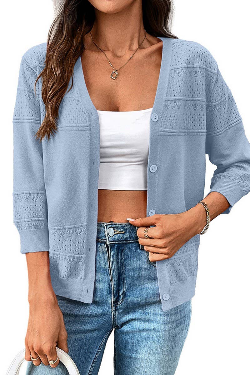 THREE-QUARTER SLEEVE KNIT CARDIGAN: LIGHTBLUE