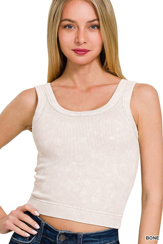 RIBBED SEAMLESS TOP WITH BRA PAD: BONE
