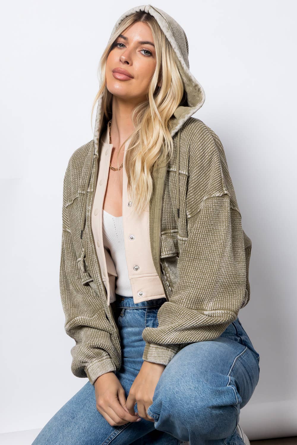 Garment Dye Heavy Waffle Knit Hoodie Jacket