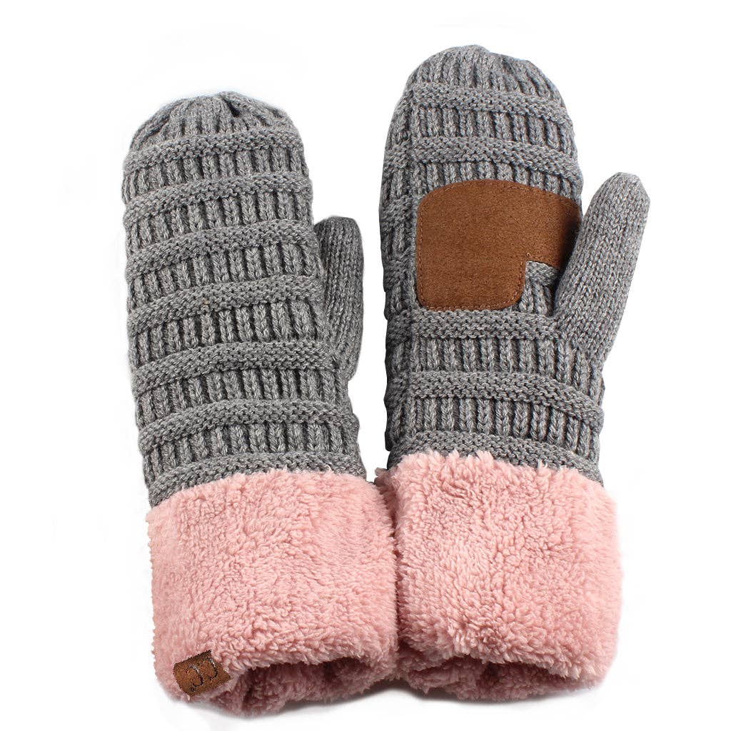 CC Color Block Mittens: Light Melange Grey/Rose