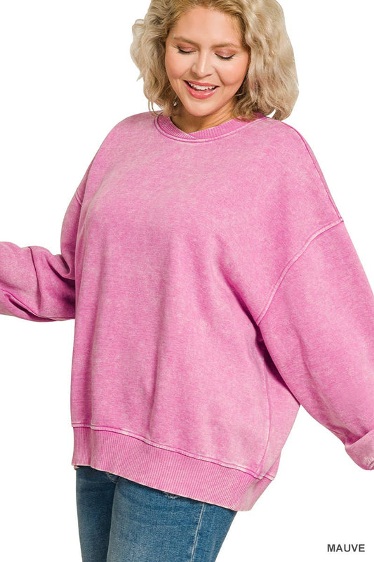 Acid Wash Oversized Fleece Pullover: MAUVE