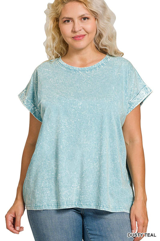 Crinkle Washed Round Neck Folded Short Sleeve: DUSTY TEAL