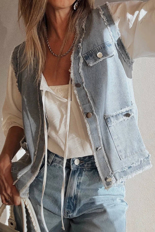 Beau Blue Frayed Edge Denim Vest Jacket