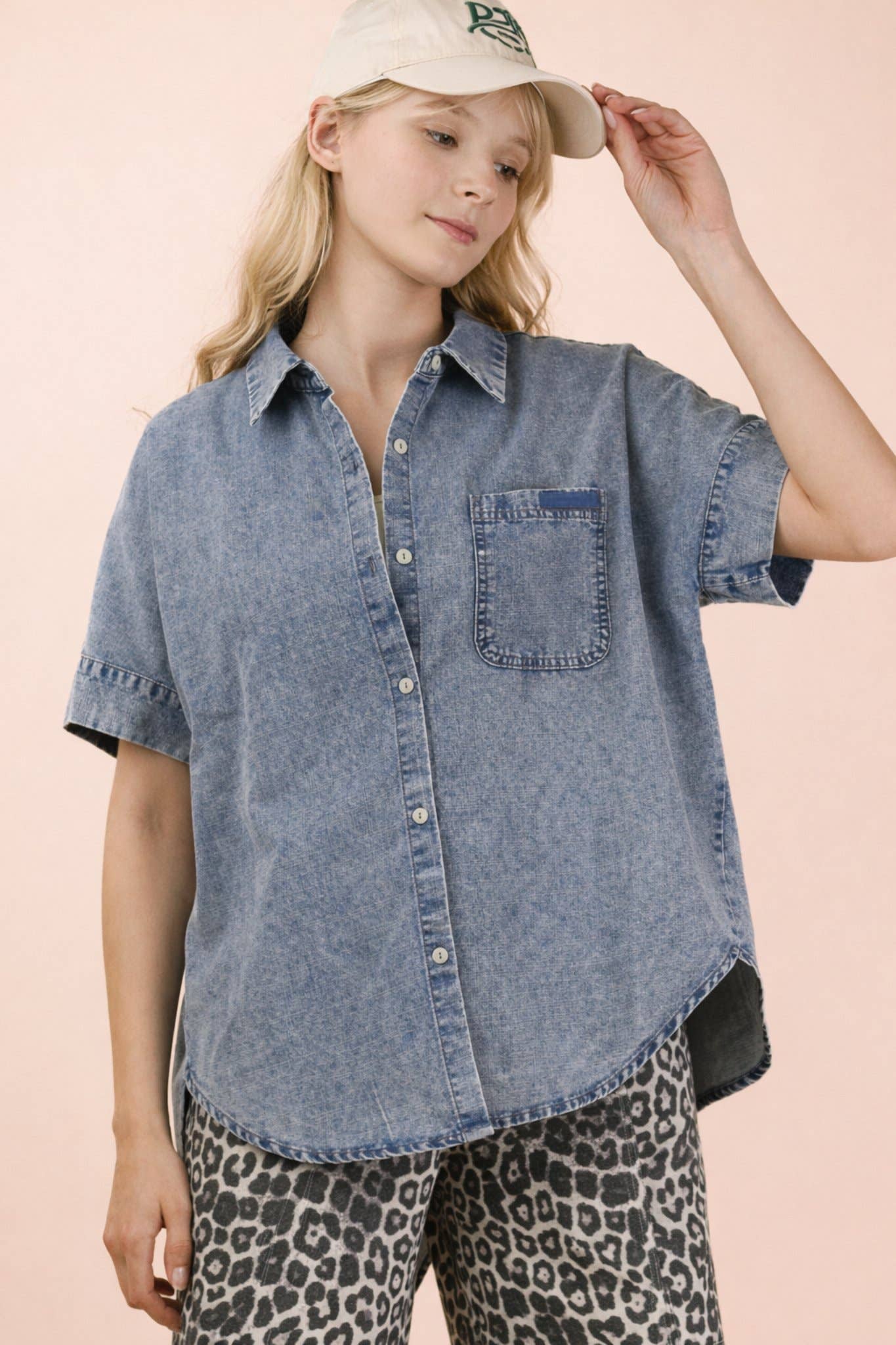 Mineral Washed Chambray Oversized Shirt Top: INDIGO