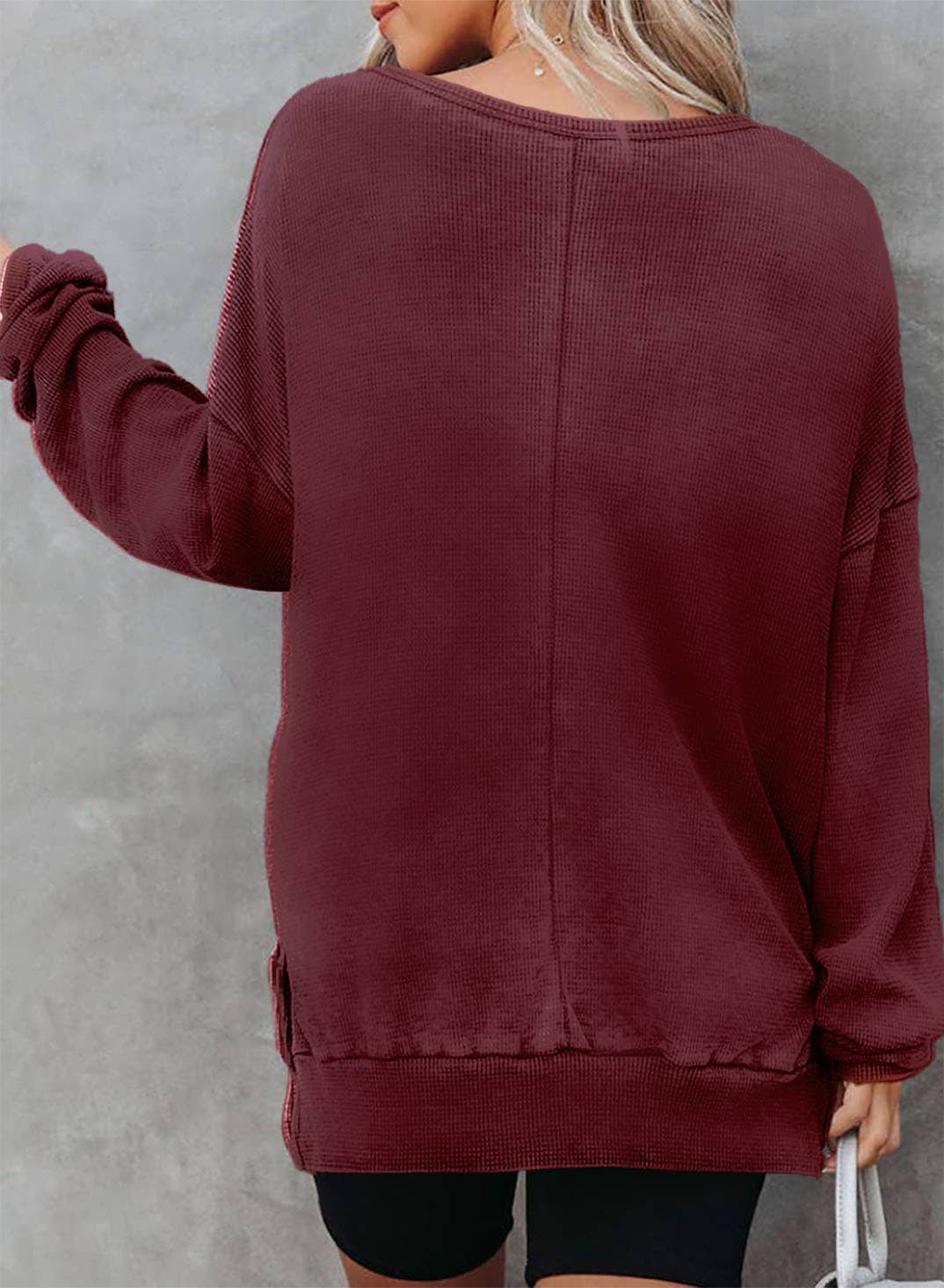 Solid Waffle Kit Crew Neck Top: Burgundy