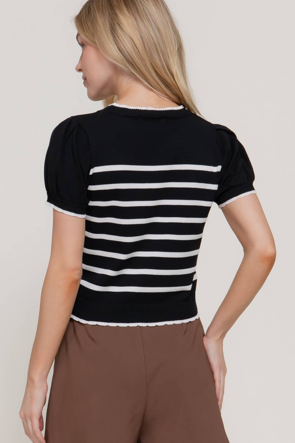 Crew Neck Scallop Front Stripe Sweater