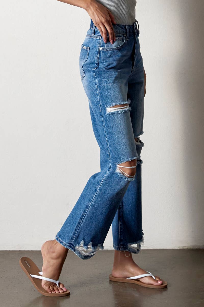 High Rise Destructed Straight Jeans: AGED DARK