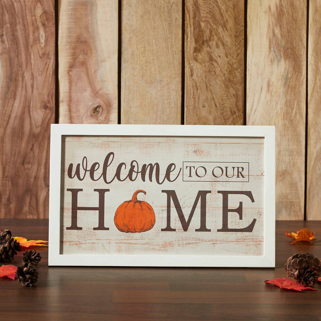 Farmhouse Welcome To Our Home Pumpkin Wall Sign 10x16