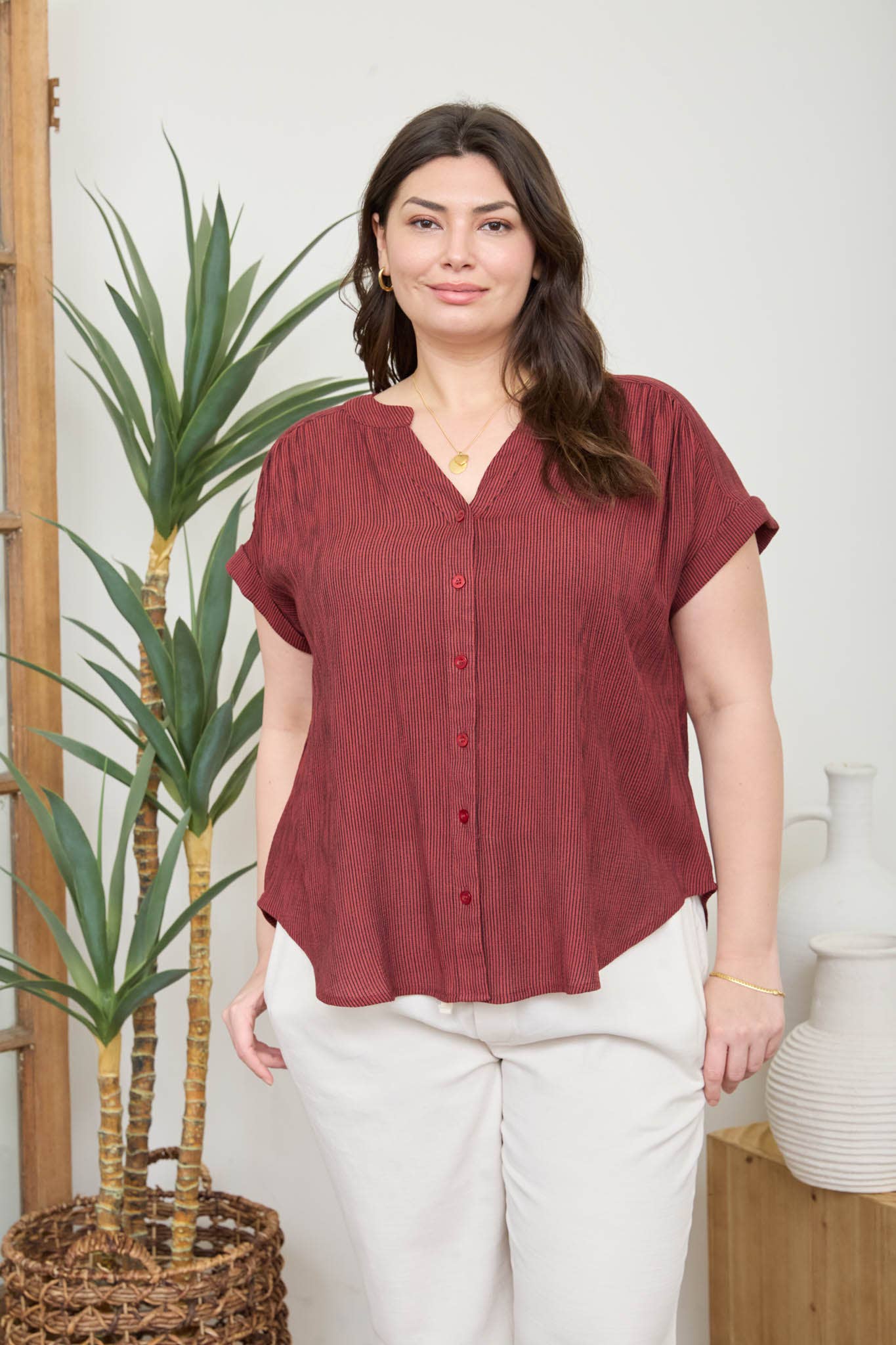 PINSTRIPE SHORT CUFF SLEEVE BUTTON DOWN SHIRT