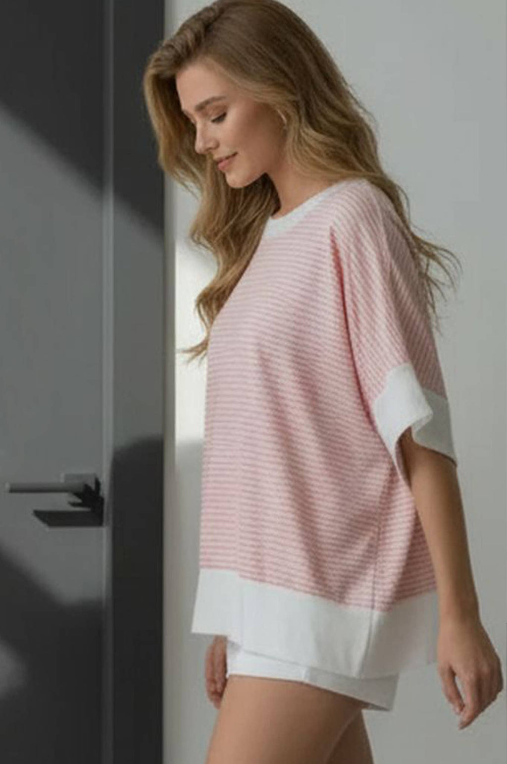 STRIPE HALF SLEEVE TOP: Pink