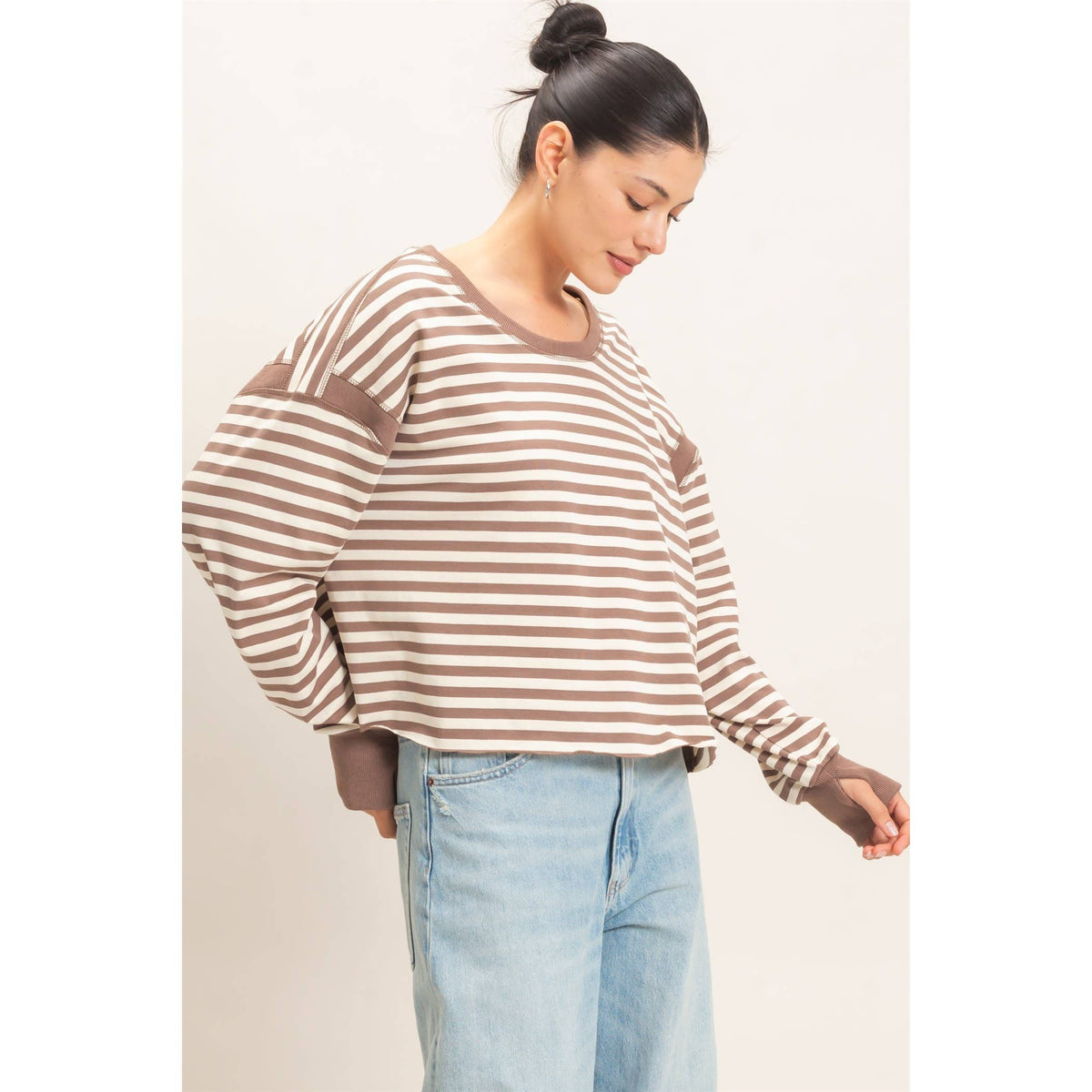Striped Long Sleeve Top: MOCHA