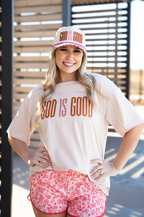 "God is Good" on Tan Hat with Checkered Bill: Tan / One Size