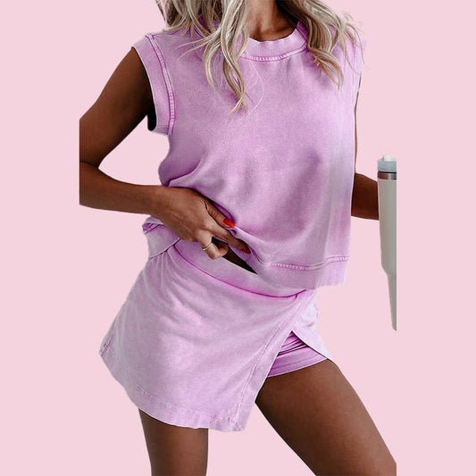 Mineral Wash Cotton Lined Split Athletic Skort: Purple