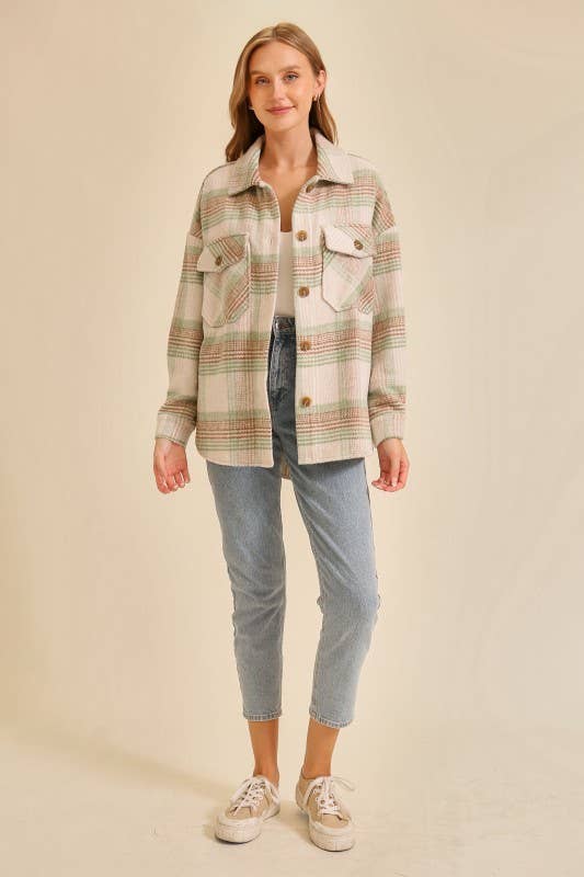 Plaid Shacket: Taupe/Sage