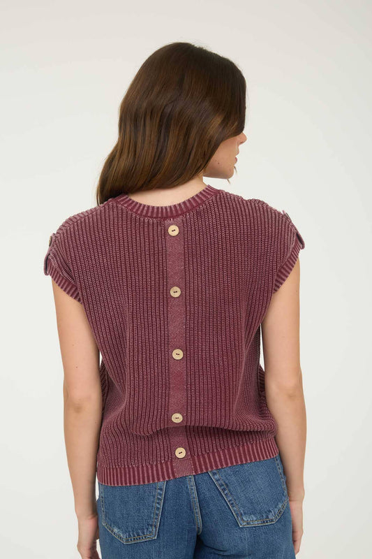 KNIT TAB SLEEVE PULLOVER SWEATER: BURGUNDY